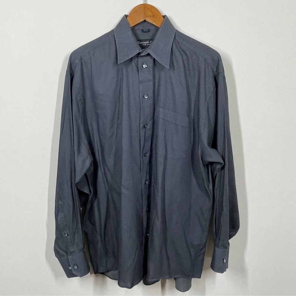 KENNETH COLE Dress Shirt 16.5 34/35 Men's Gray Long Sleeve Pocket Pointed Collar